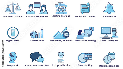 Remote Work Productivity Concept for Modern Digital Workspace icon set focus mode, async communication, task management, time blocking, deep work, work-life balance.