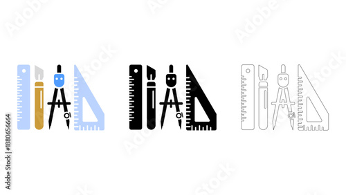 Drafting tools icons technical drawing, solid style, line style, colourful icons for design