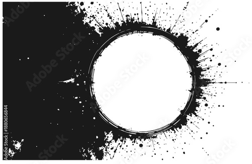  Black ink splash creates a bold circular ring against a pale background, conveying dynamic energy and high contrast. Ideal for abstract art, branding, and modern design projects.