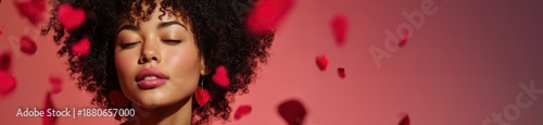 Romantic Beauty Portrait with Heart Bokeh on Red Valentine’s Day Concept