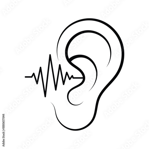 Ear icon, speech wave, minimalist line art drawing.