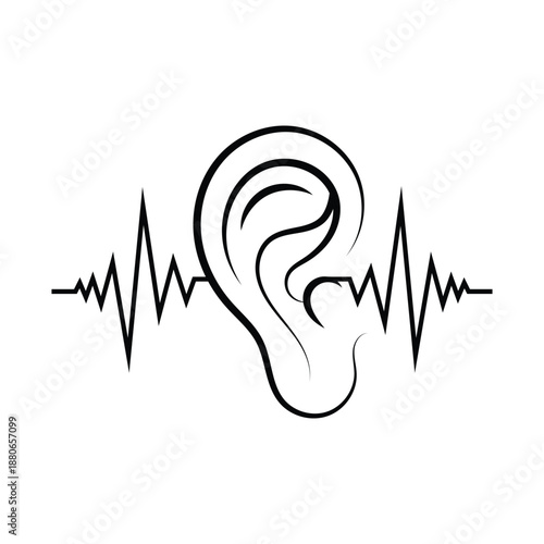Ear symbol, sound wave, black line art drawing.
