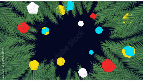 geometric christmas ornaments float among green pine branches on a dark background perfect for festive winter season promotions and greeting cards