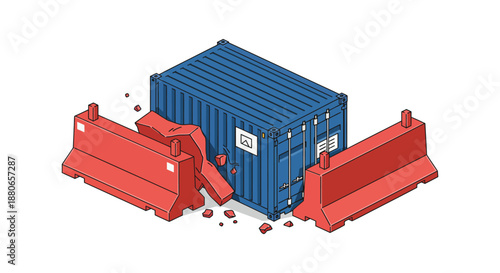 shipping container breaking barriers overcoming obstacles and pushing through resistance in a business and logistics context symbolizing breakthrough and progress