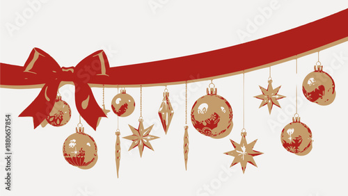Christmas Decoration with Red Ribbon and Ornaments
