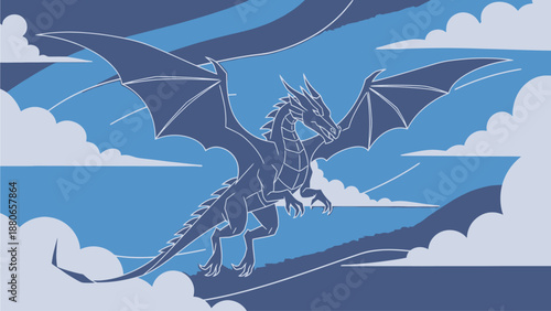 Vector illustration of a blue dragon flying in the sky