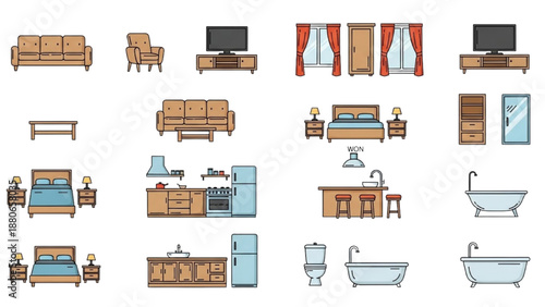 A collection of furniture and bathroom fixtures illustrated in a modern style from a straightforward viewpoint