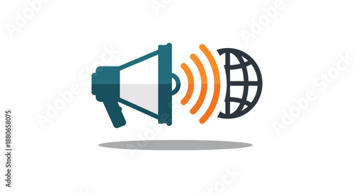 global communication a megaphone broadcasting sound waves to a stylized world globe depicting international marketing initiatives.