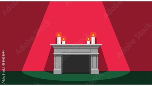 festive fireplace mantel with glowing candles in a clean flat design vector style providing a cozy background for holiday marketing and interior design.