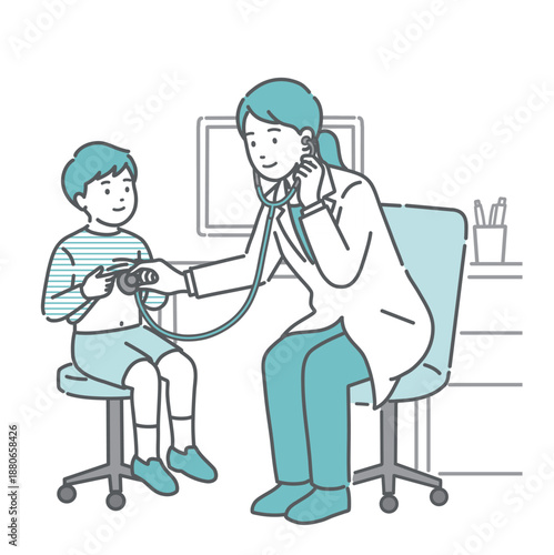 白衣を着た女性医師による男の子の聴診・診察のイラスト