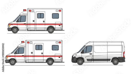 Ambulance vehicles illustrated from multiple viewpoints showcasing emergency services