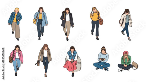 Collection of diverse women in various outfits and poses, showcasing different styles and attitudes, illustrations on a clean white background from various viewpoints