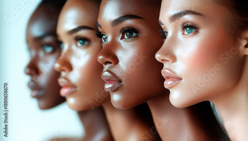 Diversity of skin tones shown by four models posing in a row with different facial features and expressions in a bright setting