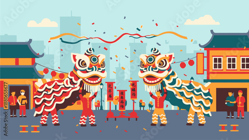 Vibrant Chinese Lion Dance Performance in Traditional Setting