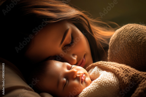 Mother holds baby close in a soft setting, showcasing a moment of connection and warmth during the early morning hours