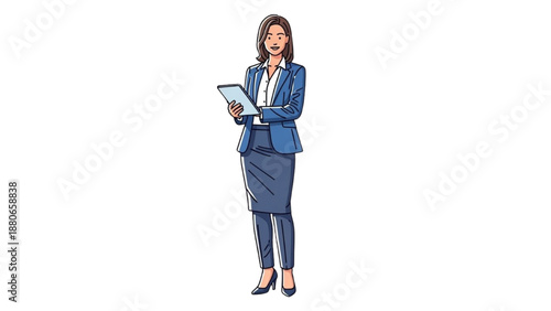 Professional woman in business attire holding a tablet, standing confidently in a modern office environment from a front viewpoint.