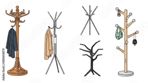 Various coat racks with different designs and accessories in a row