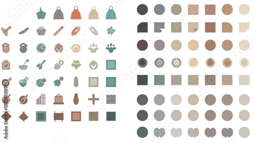 Assorted icons and color palette samples on a clean white background from a straightforward viewpoint