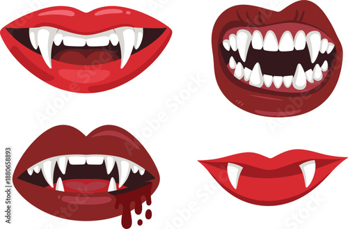 Scary vampire mouth with fangs set, spooky horror lips for Halloween and gothic design