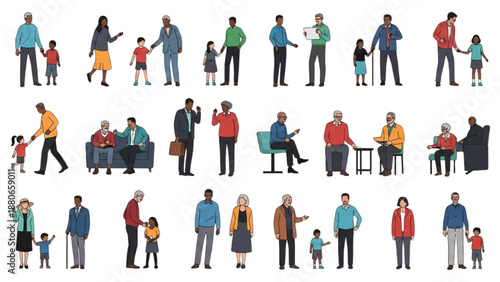 Diverse group of people engaging in various daily activities together in a modern setting from different viewpoints