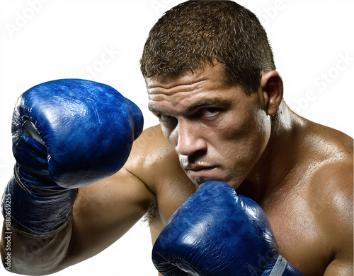 Portrait of Focused Male Boxer Wearing Blue Gloves on White Background