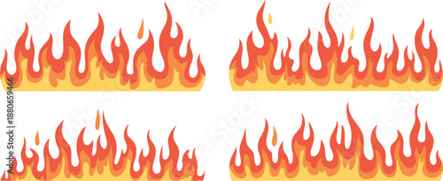 Colorful flame and fire border set, hot blaze elements for energetic summer barbecue design