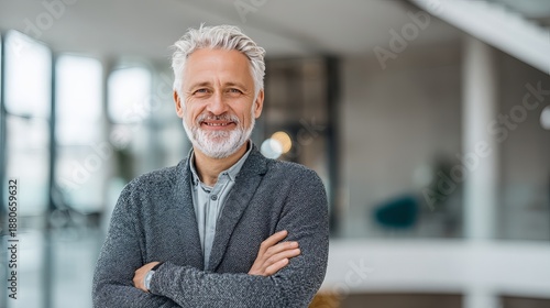 Mature business consultant with grey hair and friendly smile standing in bright modern office interior, symbol of experience and leadership