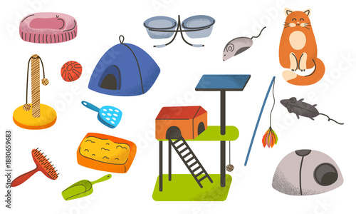 Cute cat accessory set with ginger kitty. Flat vector collection of pet care items. Essential toys, beds, and food bowls for feline design, shop branding, and posters.