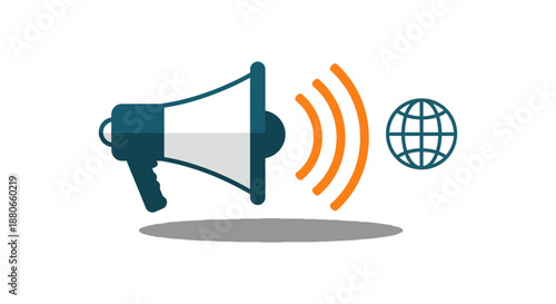 global communication strategy with a megaphone broadcasting sound waves to a globe icon representing worldwide influence and digital marketing