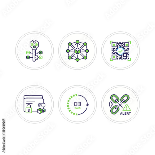 blockchain technology and digital security icons representing cryptocurrency wallets data management and secure online verification processes.