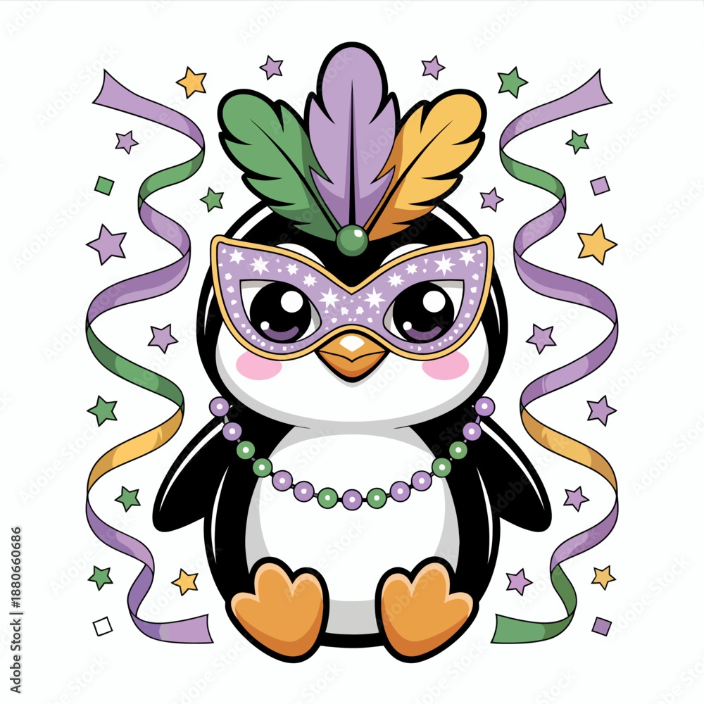 Fototapeta premium A charming penguin is adorned in festive Mardi Gras attire, complete with colorful feathers and a beaded necklace