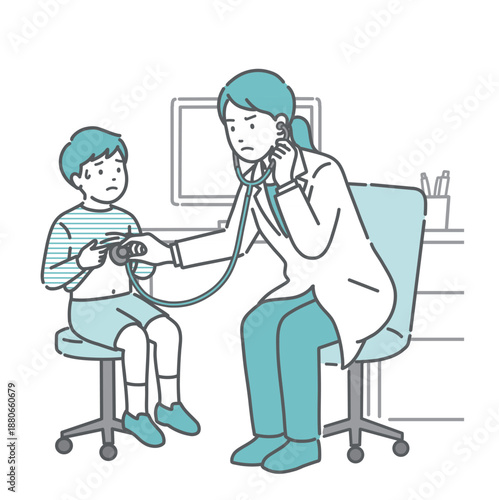 聴診を受ける冷や汗をかいた男の子と深刻な表情の白衣の女性医師のイラスト