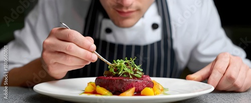 The professional chef carefully arranging a fancy gourmet meal with exact focus and care © ckybe