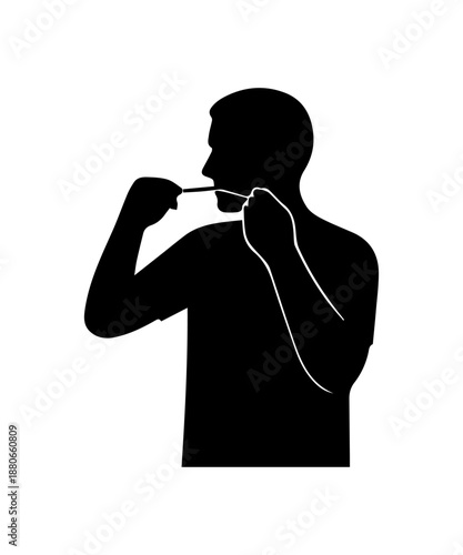 Man silhouette flossing teeth for oral hygiene concept