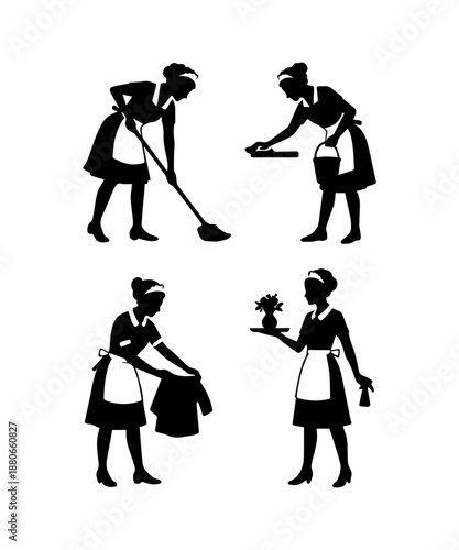 Household staff performing various domestic cleaning services