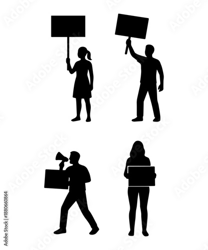 Activist silhouettes protesting holding signs and megaphones