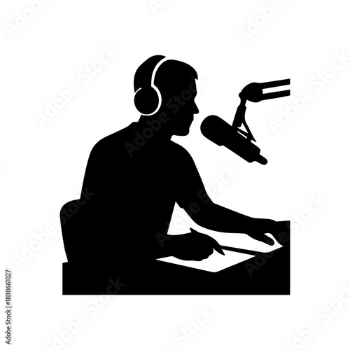 Podcaster or radio host broadcasting live show silhouette