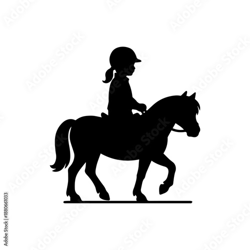 Child riding pony silhouette black and white graphic