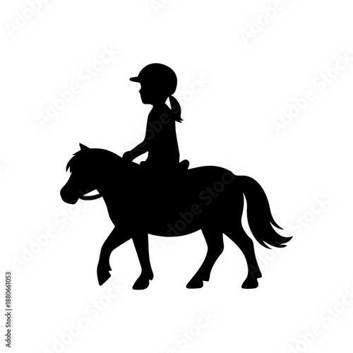Girl child riding pony silhouette black and white graphic