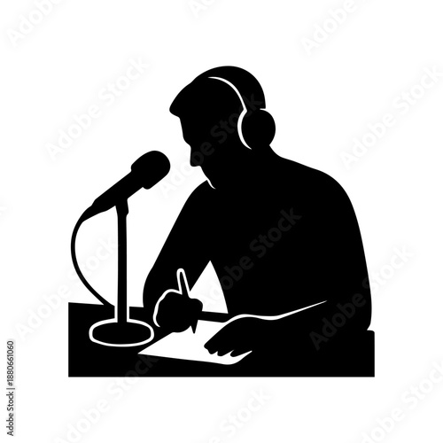 Podcaster or radio host broadcasting live show silhouette