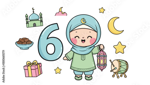 Cute Muslim Girl Celebrating Ramadan with Lantern, Dates, and Drum