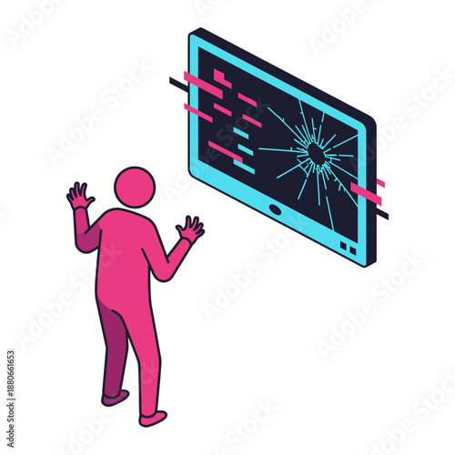cyber security threat vector showing a user frustrated by a broken glitching screen with data corruption useful for technology and privacy articles