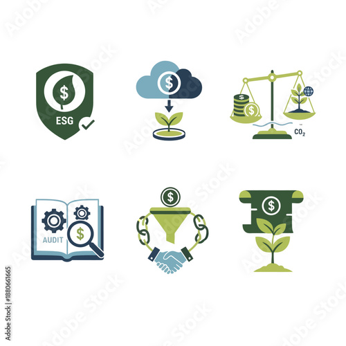 esg sustainable finance icons vector illustrating environmental social governance principles green investment and corporate ethics.