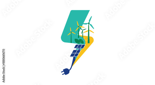 renewable energy sources concept illustrating sustainable electricity generation from wind and solar power flowing into an electric plug.