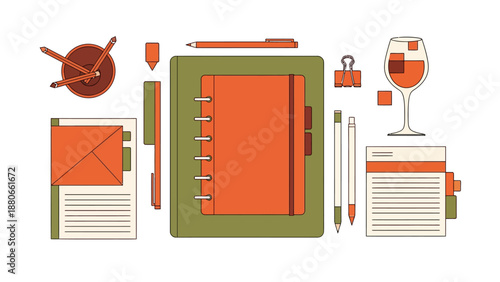 flat lay workspace featuring planner stationery documents writing tools and a wine glass ideal for productivity content.