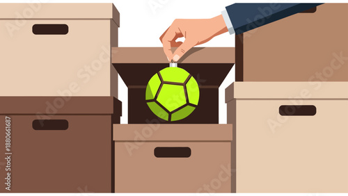 sports holiday season planning with a business hand carefully packing a soccer ball ornament into a cardboard storage box for seasonal transition.