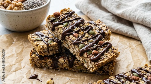 Homemade Granola Bars with Chocolate Drizzle and Mixed Seeds
