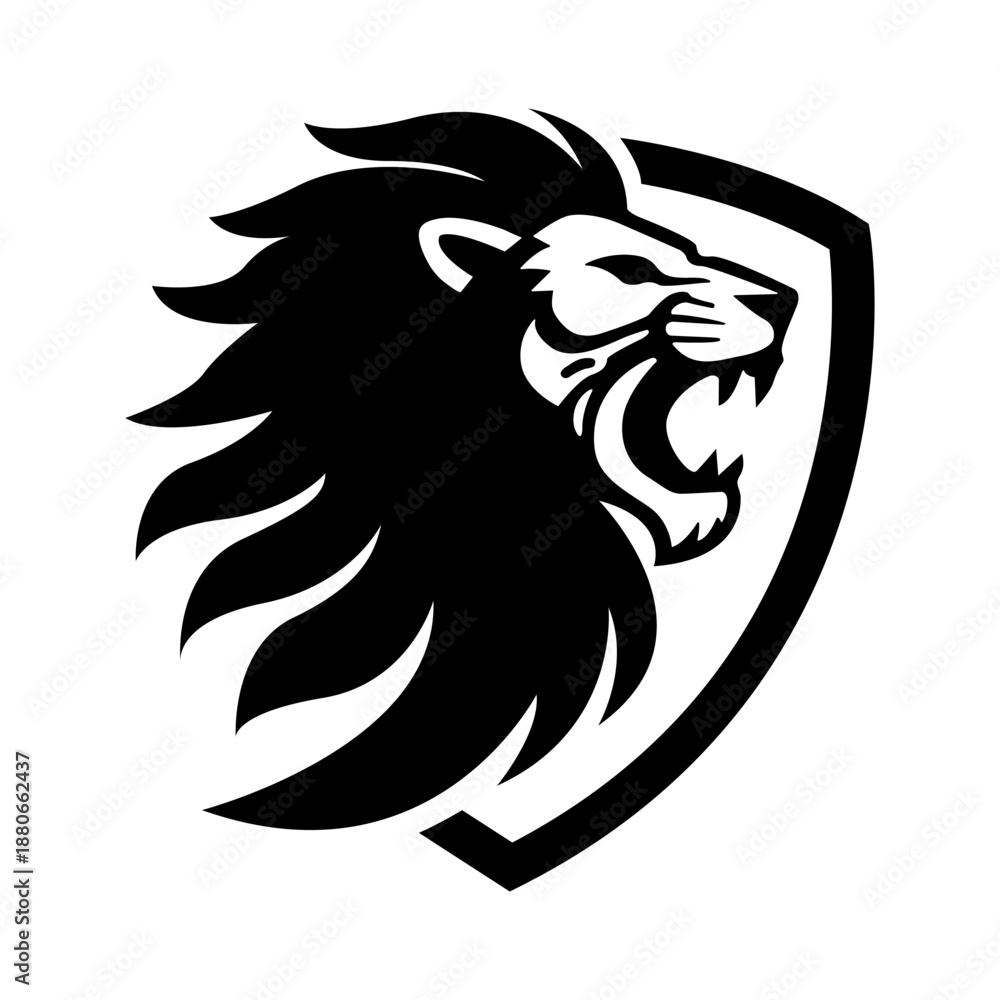 Obraz premium Strong Lion Head Shield Logo Design - Black and White Roaring Lion Mascot Vector for Sports, Security, and Corporate Branding