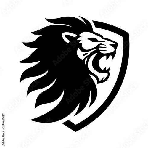 Wallpaper Mural Strong Lion Head Shield Logo Design - Black and White Roaring Lion Mascot Vector for Sports, Security, and Corporate Branding Torontodigital.ca