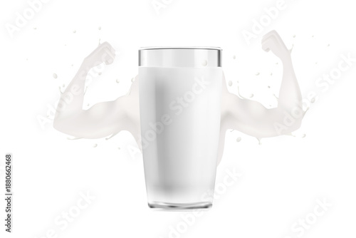 Strong Glass of Milk Flexing Muscles with Splashes, Healthy Calcium Energy Concept, Isolated on Black Background